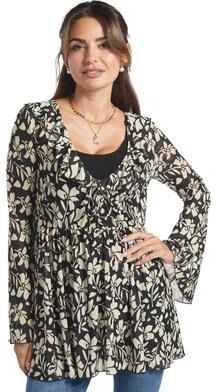 Masseys Ruffle Mesh Tunic (Size XL) Black/Bone Floral, Lycra,Polyester