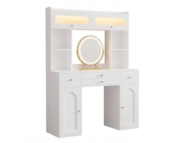 Coiffeuse blanche moderne avec miroir rond led bluetooth, 4 tiroirs