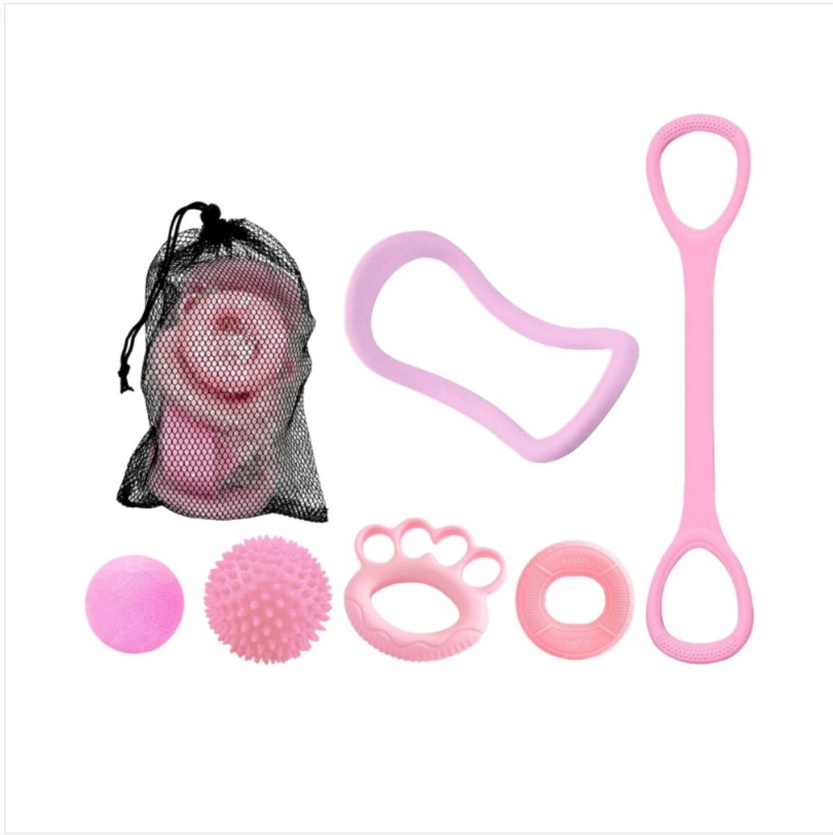 INF Ensemble 6 pièces de grip en silicone (sac en filet) - Renforceur de préhension avec anneaux de résistance et balle à Rose