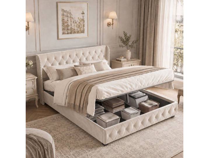 Lit Coffre Rembourré 140x190 cm Lit Double 140x190 avec Rangement Hydraulique Sommier à Lattes Design Moderne sans Matelas