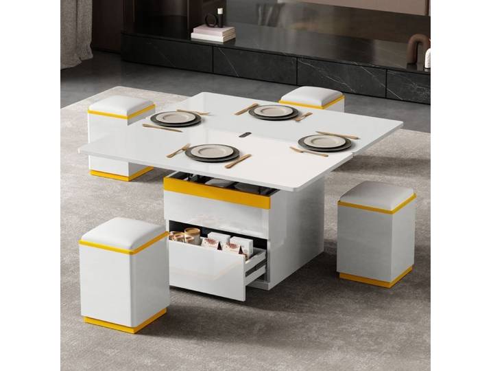 Table Basse Relevable Blanc Brillante Table d'appoint élégante Multifonctionnelle avec 4 Chaises Cachées Moelleuses 100x50x43 cm
