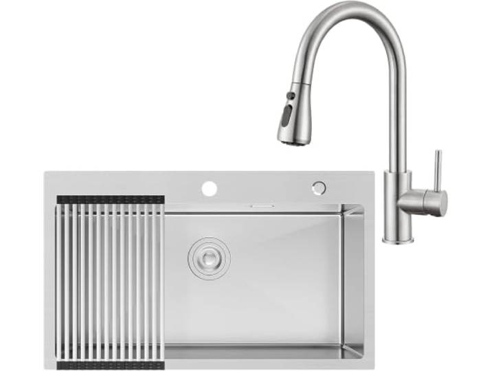 CECIPA 75 x 45 cm Stahlspüle mit Bogen ausziehbarer Küchenarmatur, Küchenspüle 1 Edelstahlwanne für Schrank von 80 cm, mit Siphon und Ablauf