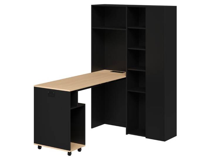 Bureau informatique pliable avec étagères meuble 2-en-1 bureau et bibliothèque prise USB rangement réglable angle droit