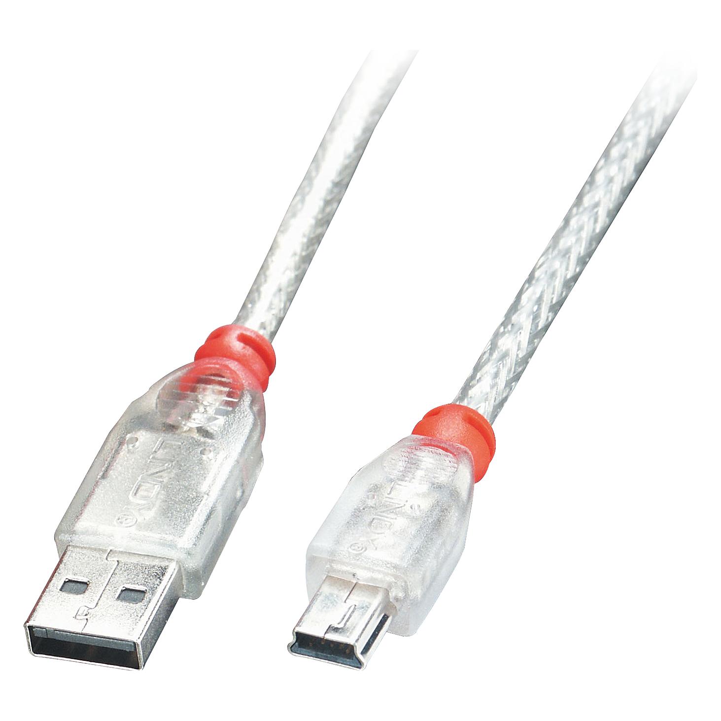 Lindy USB 2.0 Kabel A/Mini-B, transparent, 2m USB High Speed (2 m, USB 2.0, 2.50 W) (41783)