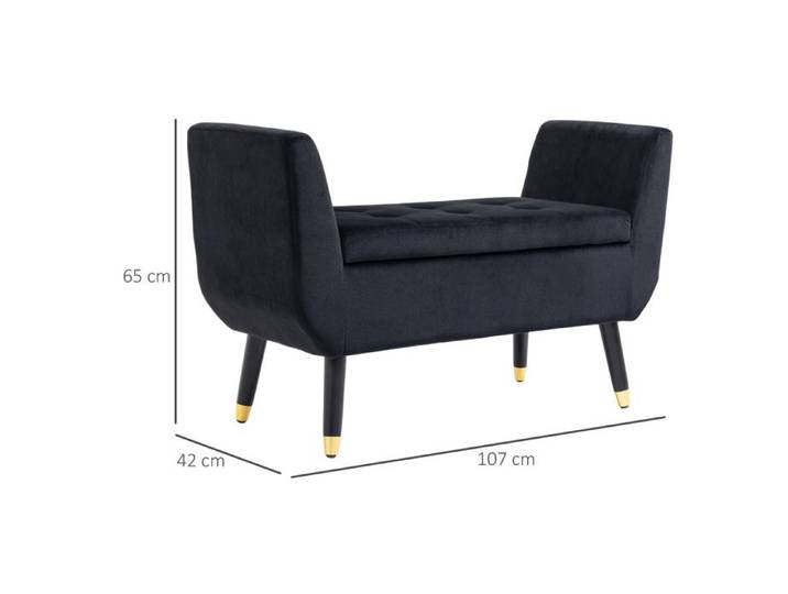 Banc de luxe Banc rembourré avec espace de rangement & accoudoirs velours polyester bois de caoutchouc noir 107x42x65cm pour sal