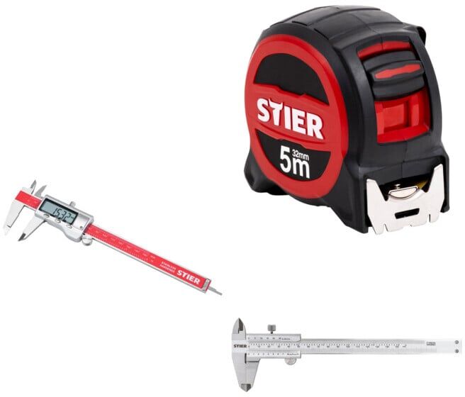 Set STIER Digitaler Messschieber, 150 mm + STIER Premium Taschenbandmaß 5 m x 32 mm mit Magnet und Edelstahlhaken + STIER Analoger Messschieber, 150 mm