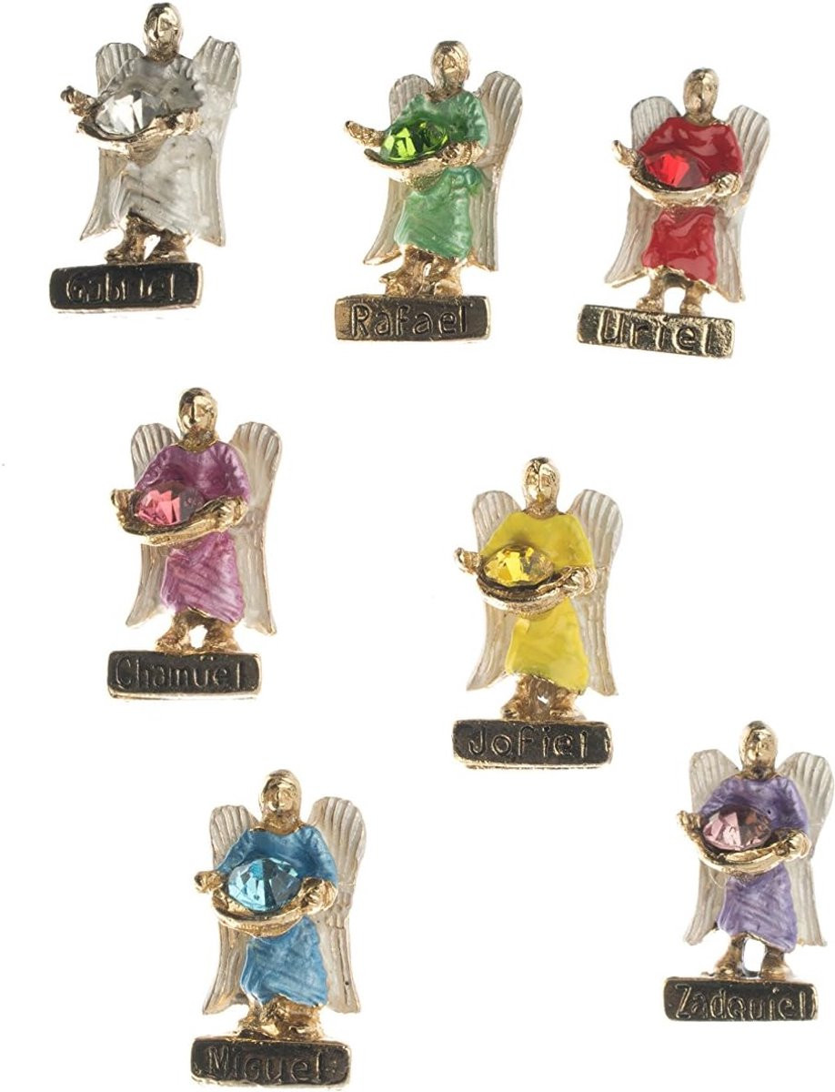 Set van 7 handgemaakte meerkleurige aartsengel beeldjes voor decoratie op tafel