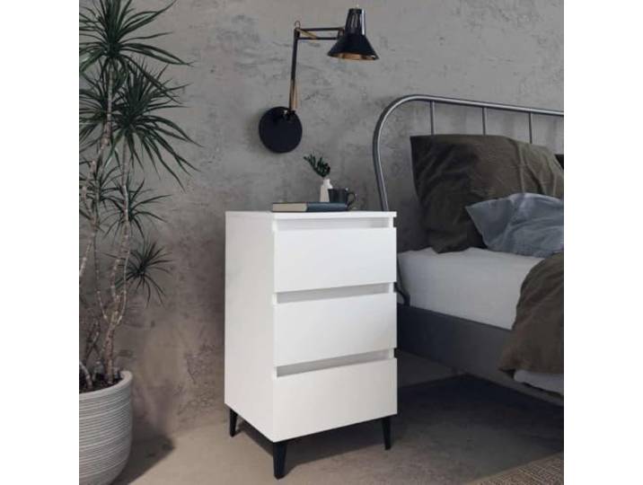 HEFZGDB Industriestil Nachttisch mit Metallbeinen Weiß 40x35x69 cm und DREI Schubladen, robuster Nachtschrank mit Vier Beinen, praktischer Stauraum, Pflegeleichte Reinigung, stabile