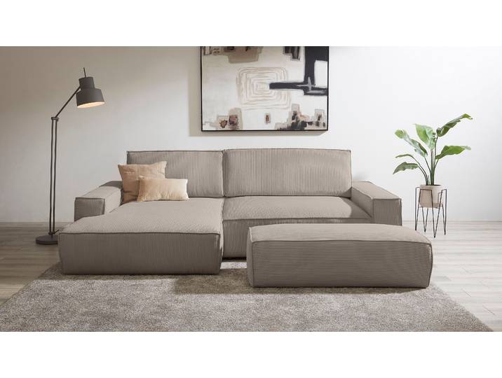 Polsterecke, Cord, Greige, 284×135 cm, Schlaffunktion, Landhaus, Home-affaire