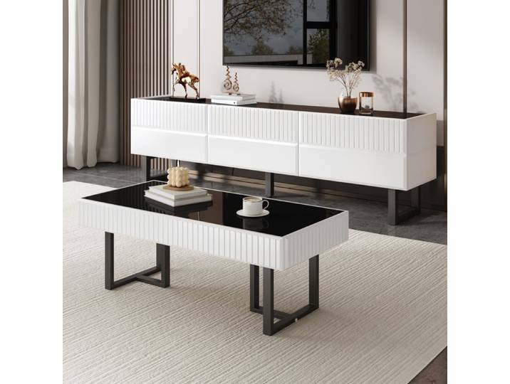 COVREO Ensemble meuble TV et table basse noir et blanc façades rayées plateau brillant