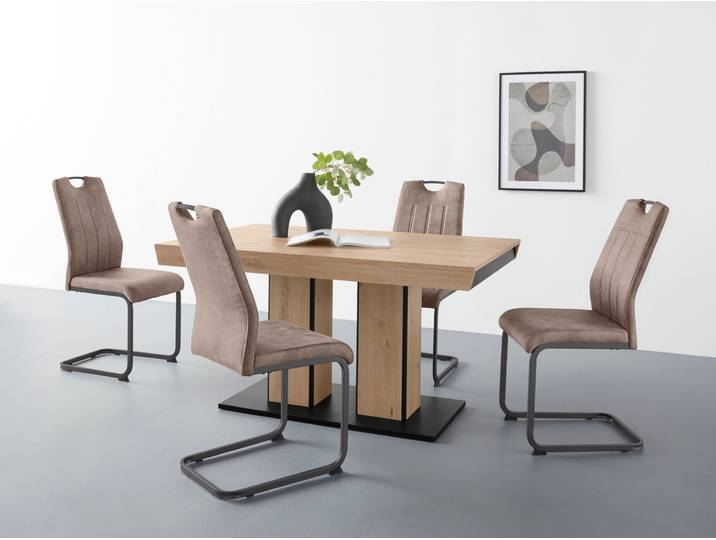 Essgruppe HELA Tisch ausziehbar 140 -220 cm , braun (braun, grau, grau), Microfaser Polyester, Synchron-Auszug, Holzwerkstoff, Metall, Polyester, Sitzmöbel-Sets, Essgruppe, Belastbarkeit 140 KG, bequem gepolstert mit Griff