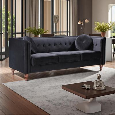 ZWYO HOSIMU "80.7"" Velvet Tufted Sofa with Chesterfield Design, Square Arms, Wood Legs & Bolster Pillows for Living Room."