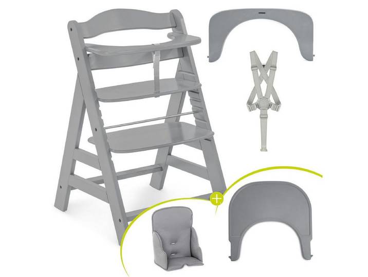 Hauck Hochstuhl Alpha Plus Grey, Mitwachsender Holz Kinderhochstuhl mit Essbrett & Sitzverkleinerer