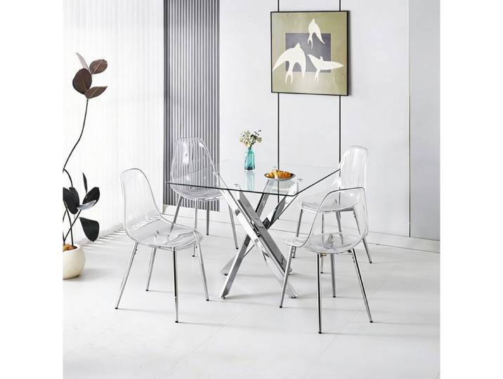 Ensemble repas 5 pièces 1 table + 4 chaises SENVIRO plateau en verre structure en métal chromé chaises transparentes chrome