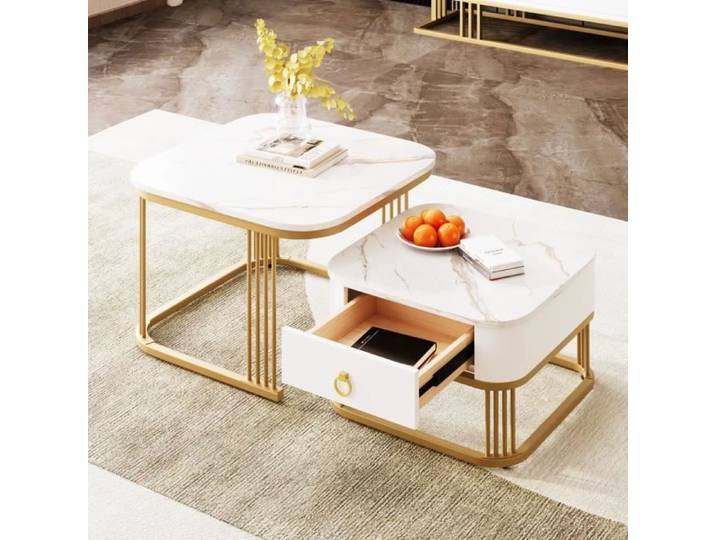 Table basse - Ensemble 2 pièces - Aspect marbre brillant - Accents dorés - Empilable avec tiroirs