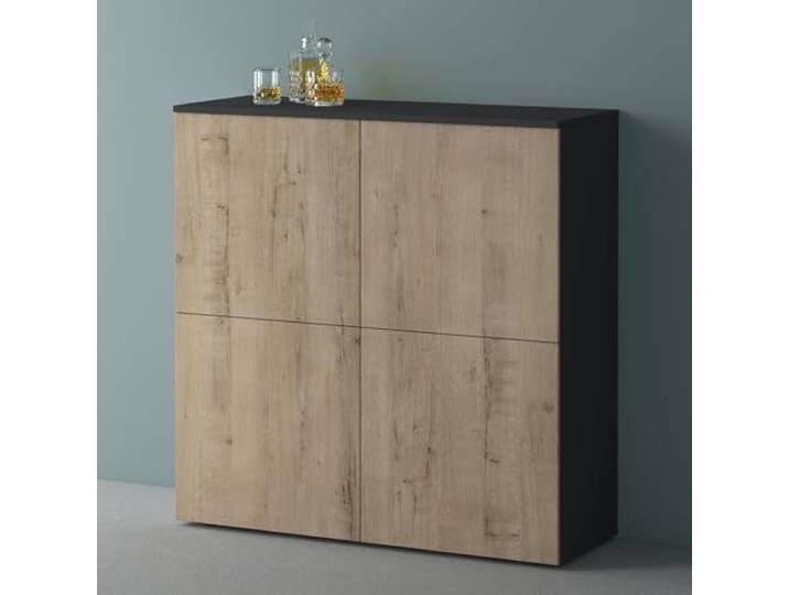 Mai & Mai Sideboard 100cm Kommode 4 Türen Soft-Close grifflos Stauraum Kommodenschrank, Wohnzimmer Möbel, bis zu 8 Staufächer, Anthrazit matt + Eiche Greige, BxTxH:100x36,4x98cm, Schrank04