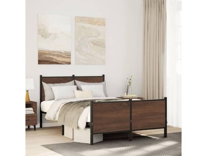 WDGJJFECNMUEHI Stabiles Stahlgestell Klassisches Design 137x190 cm Braun Metallbett ohne Matratze Braun Eichen-Optik 137x190 cm Stabil Bettgestell mit Kopfteil Stauraum