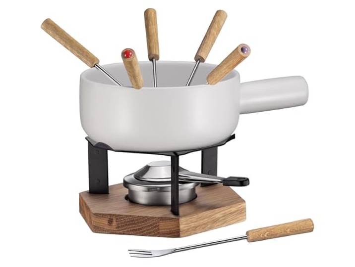 SPRING Käsefondue-Set WINTERTHUR weiß, Keramiktopf 20 cm, 6 Gabeln Keramik-Fonduetopf, Eichenholz-Rechaud, für Käsefondue, 6-teiliges Set, matt glasiert, geselliges Essen