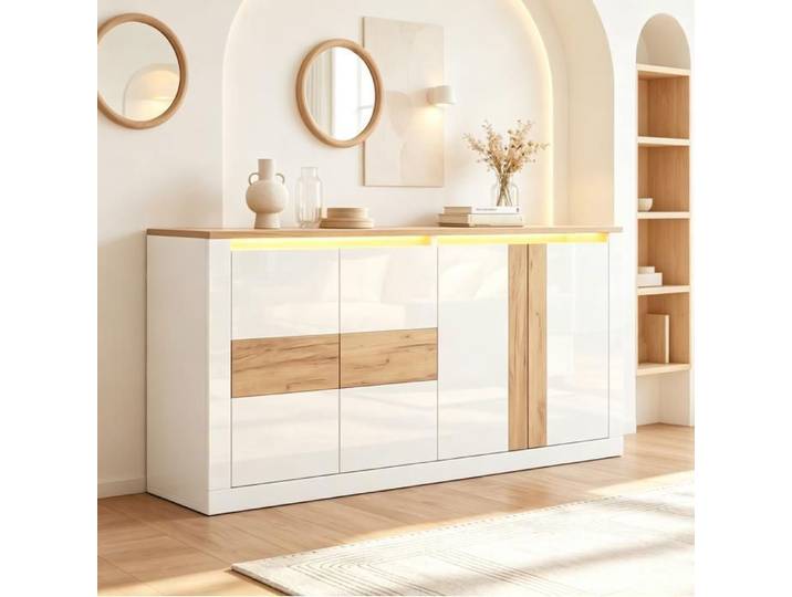 MEUBLIV Buffet bas 140x35x70 cm 4 portes MDF blanc brillant effet chêne LED RGB app et commande vocale