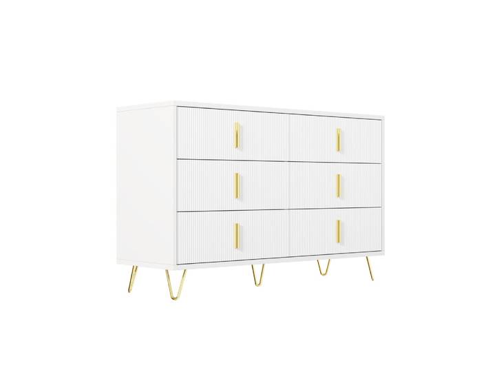 Buffet blanc et or avec 6 tiroirs, grande capacité de rangement