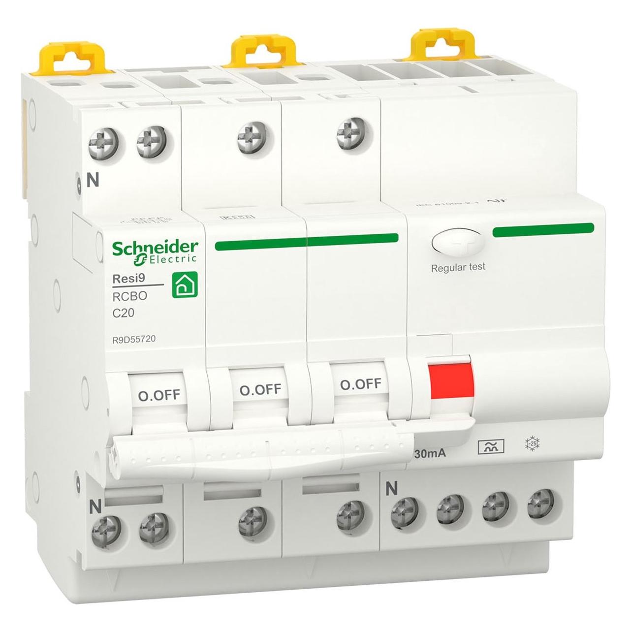 Schneider Electric Resi9 XP RCBO/kombiafbryder 3PN C-karakteristik 20A 6kA 30mA klasse A 90mm (R9D55720)