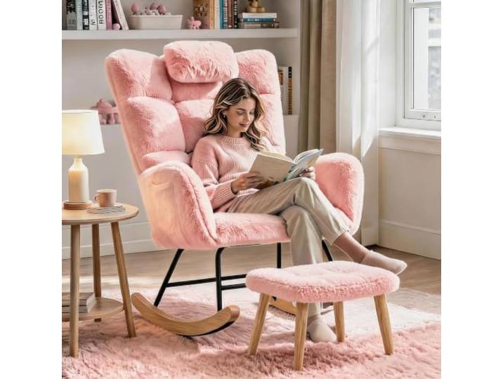 GarveeHome Schaukelstuhl mit Hocker, Kopfstütze, Teddy-Fleece, Rosa Mit Fußhocker: sanftes Schaukeln, gepolsterte Armlehnen und weiche Polsterung für mehr Komfort.