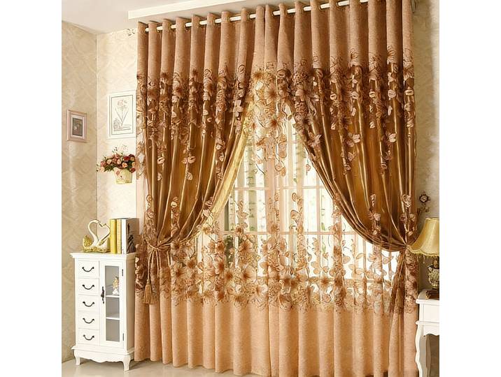 Rideau de luxe européen vintage marron double couche avec broderie florale 3D et perles – Élégant traitement de fenêtre pour salon