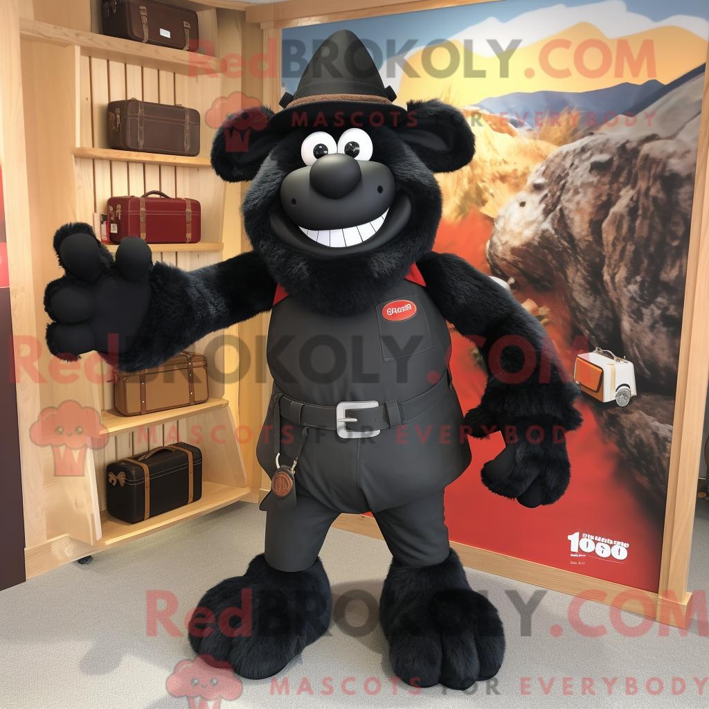 Maskottchen-Charakter REDBROKOLY eines schwarzen Gulaschs bekleidet mit Hose und Aktentasche