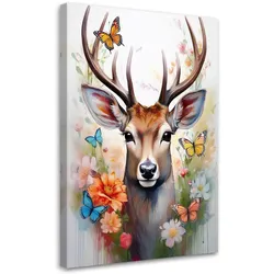 WANDBILD hirsch blumen tiere natur