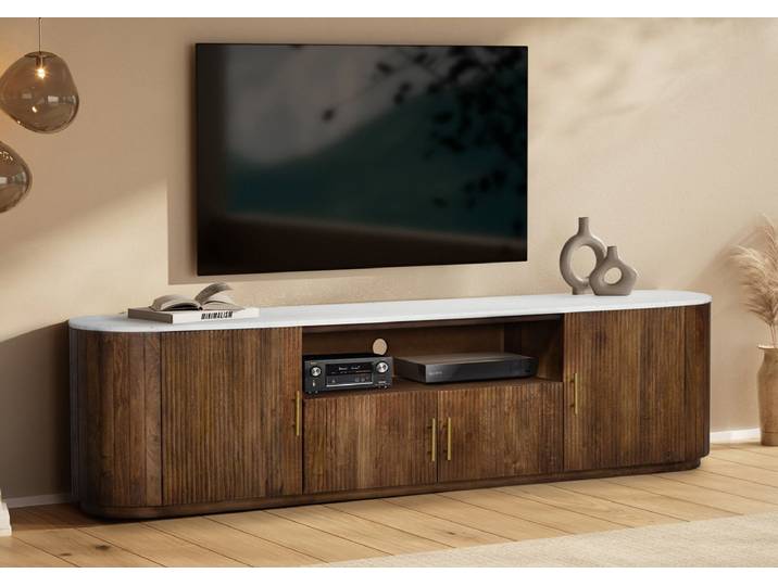 TV Board 220x55cm 'Valencia'' Mango braun lackiert & Marmor weiss 2 große 2 kleine Türen
