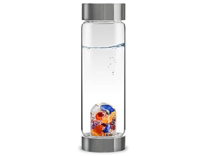 VitaJuwel ViA AYURVEDA - Wasserflasche mit Milchopal, Amethyst, Bergkristall, Lapislazuli, Granat, Karneol, Orangencalcit