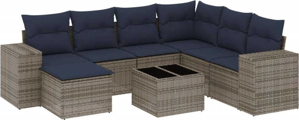 8-teiliges Gartensofa-Set mit Kissen, grau, Polyrattan