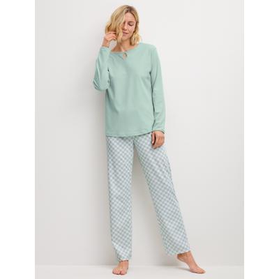 Schlafanzug CALIDA "Sweet Dreams", Damen, Gr. S (40/42), grün (light aqua), Interlock, Obermaterial: 100% Baumwolle, bequem lang, Rundhals, Homewear-Sets Schlafanzug, lockere Passform, Rundhals, Interlock-Qualität, Langarm, weich