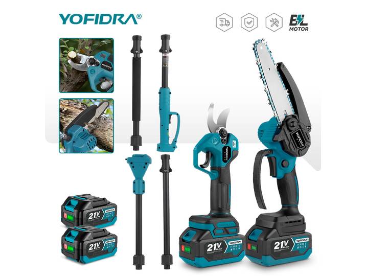 YOFIDRA Scie à chaîne électrique sans balais 4-en-1, scie à perche télescopique, scie à branches hautes, outil de jardinage pour batterie 21V 18V