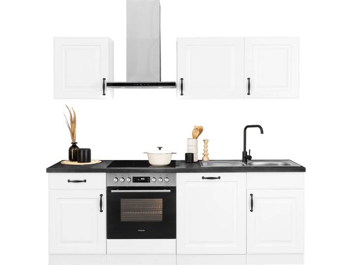 Küchenzeile WIHO KÜCHEN Erla , schwarz-weiß (küche: weiß, korpus: weiß, arbeitsplatte: granit schwarz), B:220cm T:60cm, Komplettküchen-Sets, Küchenzeile, mit Hanseatic-E-Geräten, Breite 220 cm, extra kurze Lieferzeit