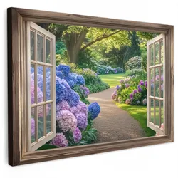 LEINWANDBILD Aussicht - Garten - Fenster - Hortensie - Blumen Deko Schlafzimmer 30x20 cm
