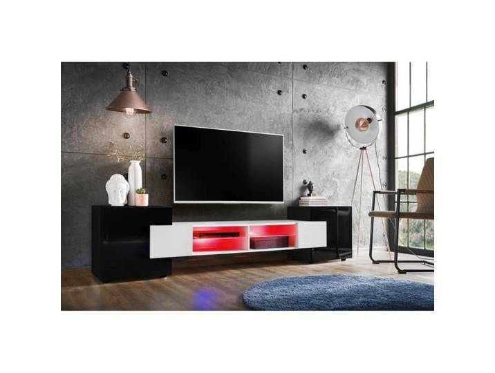 Meuble Banc TV - Komodee - Merano - LED RGB - Blanc Noir - Brillant