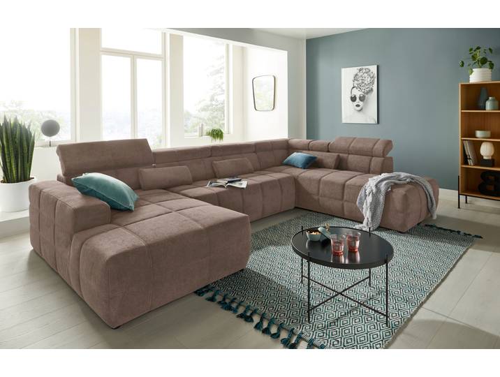 Wohnlandschaft, Kunstleder SOFTLUX, Cappuccino, 359×228 cm, Mit Sitztiefenverstellung, Klassisch, Domo-Collection