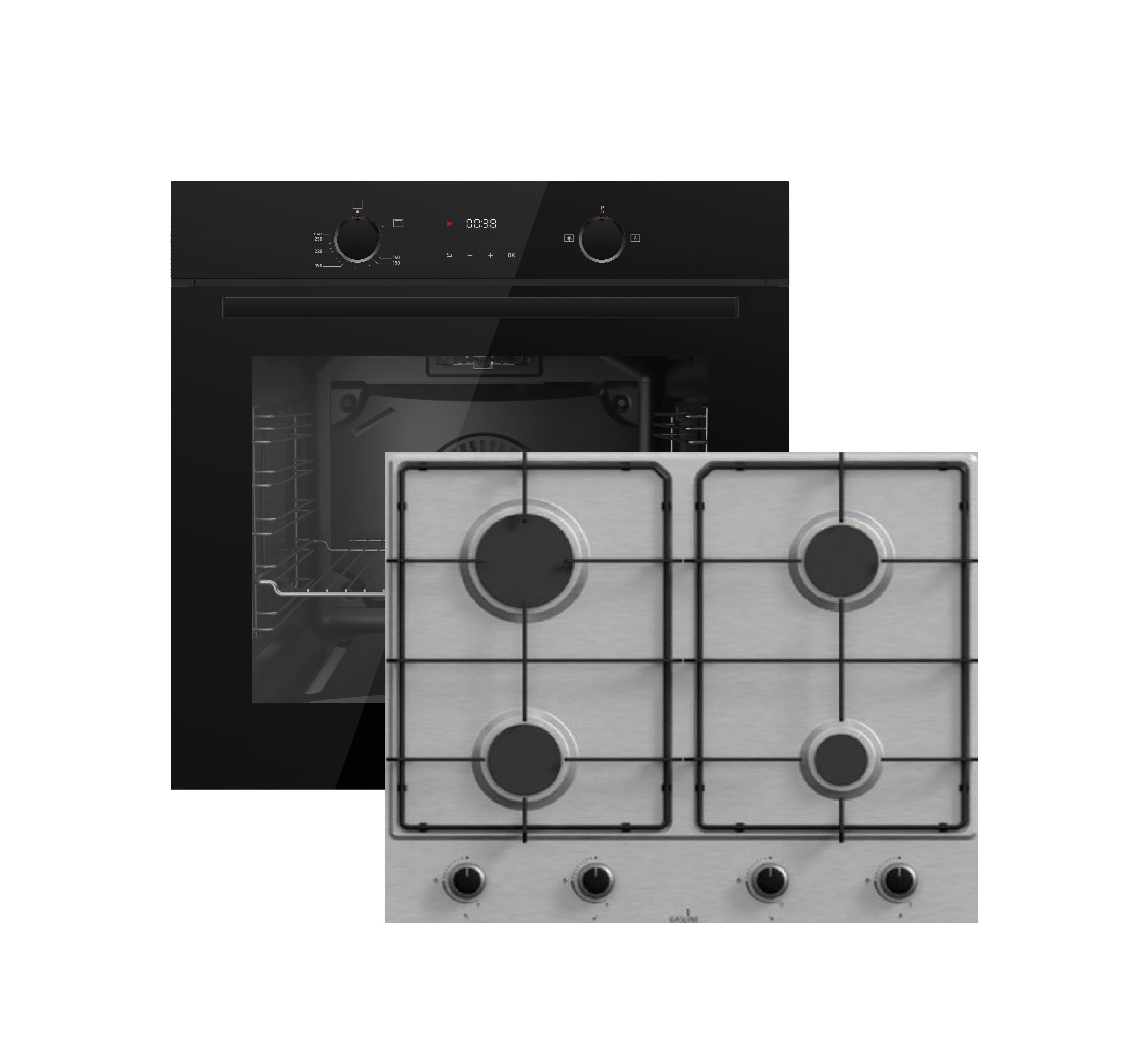 Gasline GB850-FIB Schwarz Gas Einbaubackofen Gasherd Umluft 69 L mit Gaskochfeld 60cm Edelstahl mit 4 Brennern LPG/ERDGAS
