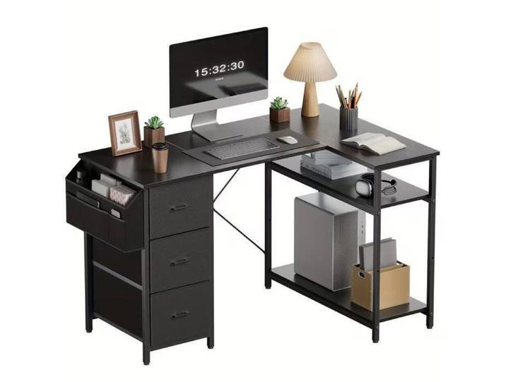 Bureau d'angle avec Rangement et 3 Tiroirs 120 x 78 cm Bureau Gaming en L avec Support Idéal Gaming & Télétravail Noir