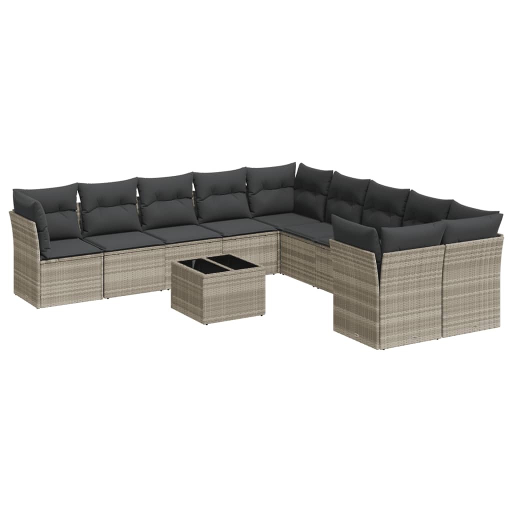 11-tlg. Gartenmöbel-Set, modulare Sofagarnitur mit Stauraum, PE-Rattan Hellgrau, Tischplatte aus Hartglas, UV-beständig, inkl. Kissen Dunkelgrau