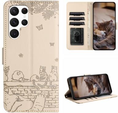 Inspired Deals Cute Cat Embossed Wallet Phone Case For Samsung Galaxy With Card Holder And Lanyard For Samsung Galaxy S22 Ultra beige