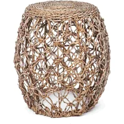 Hocker Amelina aus Bananenbaum-Geflecht, skandinavisch, rund, natur, 50 cm hoch