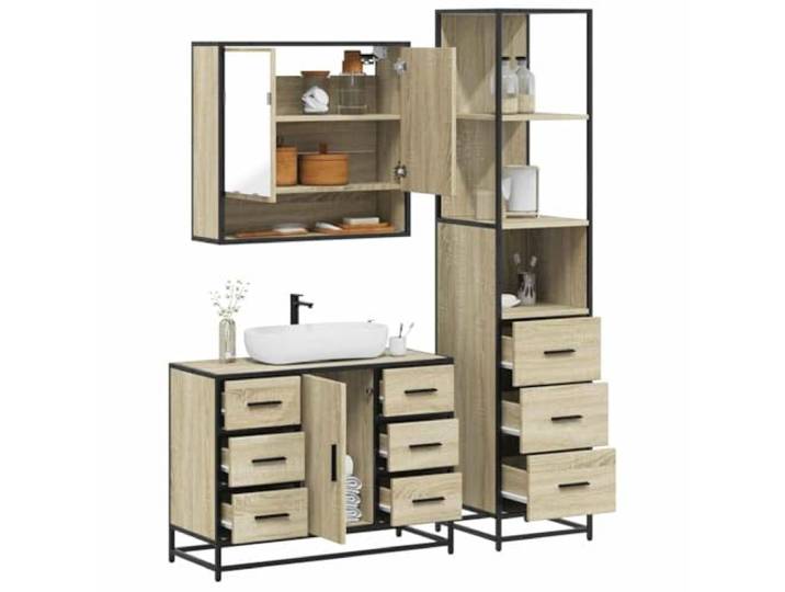 HWKQEQRF 3-TLG. Badmöbel-Set Sonoma-Eiche Holzwerkstoff Metallgestell,Lowboard,Waschbeckenunterschrank,Spiegelschrank,Wandmontage,Stauraum,Badeinrichtung