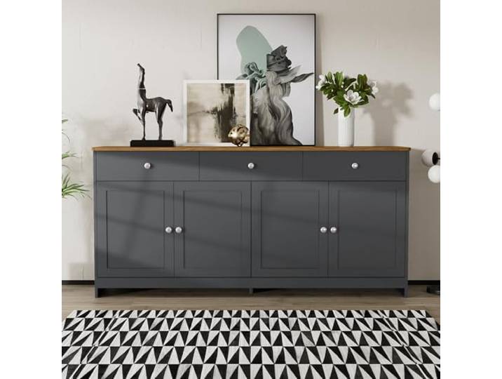 Ropilly Sideboard grau schwarz mit Holzmaserung 160 cm Buffetschrank im Landhausstil mit 3 Schubladen und 4 Türen für viel Stauraum.