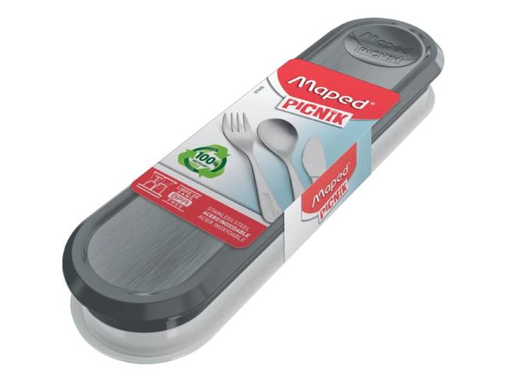 Maped Picnik Set de Couverts Portable pour Adultes – Acier Inoxydable, 4 Pièces, Compatible Lave-Vaisselle, Boîte Grise Compacte, pour Voyage &amp; Bureau