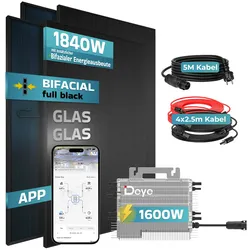 SUNNIVA® 1840W Balkonkraftwerk mit 1600W Wechselrichter DEYE, BIFAZIAL FULLBLACK komplett Steckdose, PV Solaranlage Komplettset mit 5m Anschlusskabel und 4x2.5m Solarkabel, 4x 460W N-Type Glas-Glas