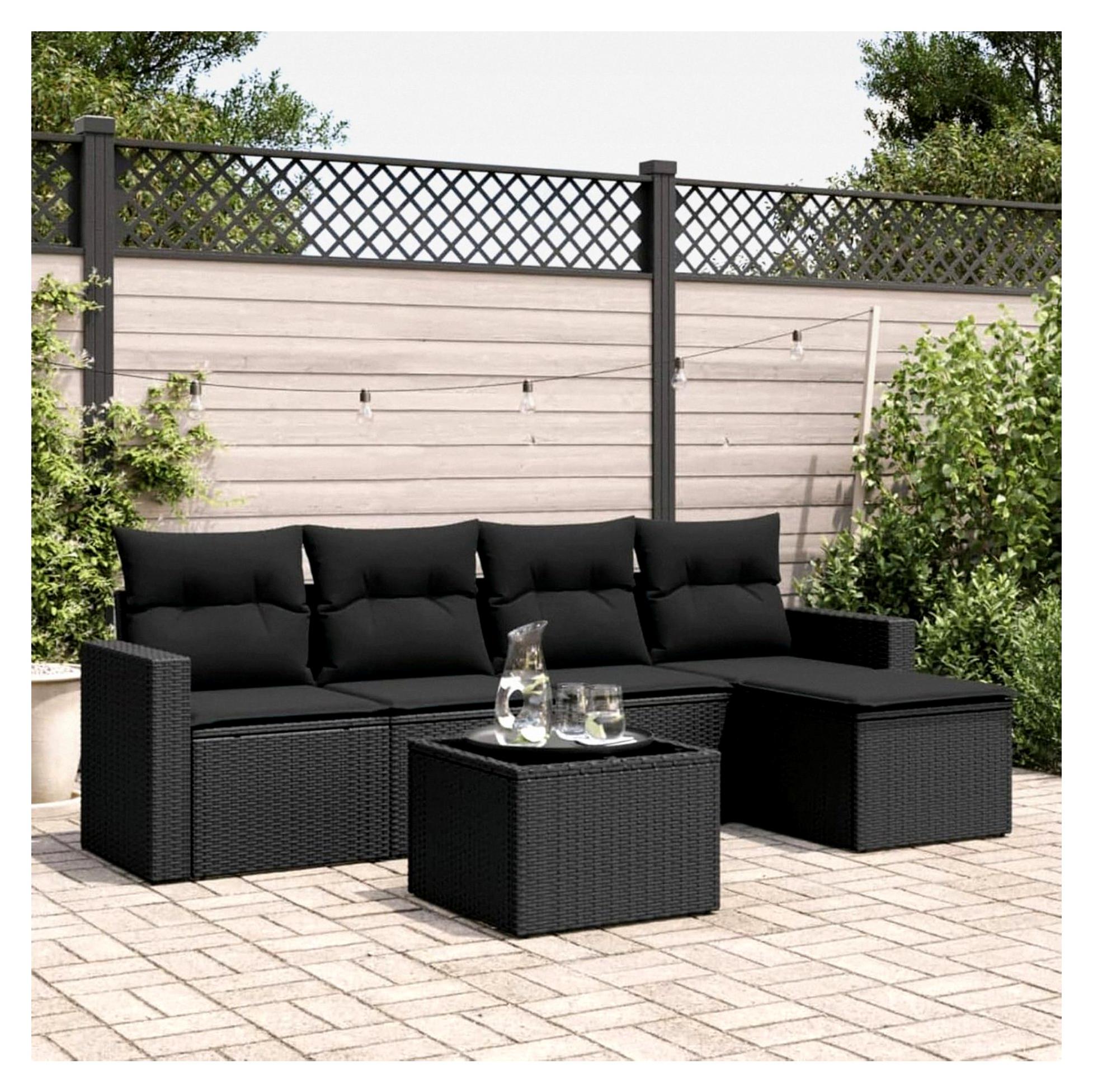 6-teiliges Gartensofa-Set mit schwarzen Kissen aus Polyrattan, Outdoor-Sofas für den Garten, Gartenmöbel-Set für den Außenbereich
