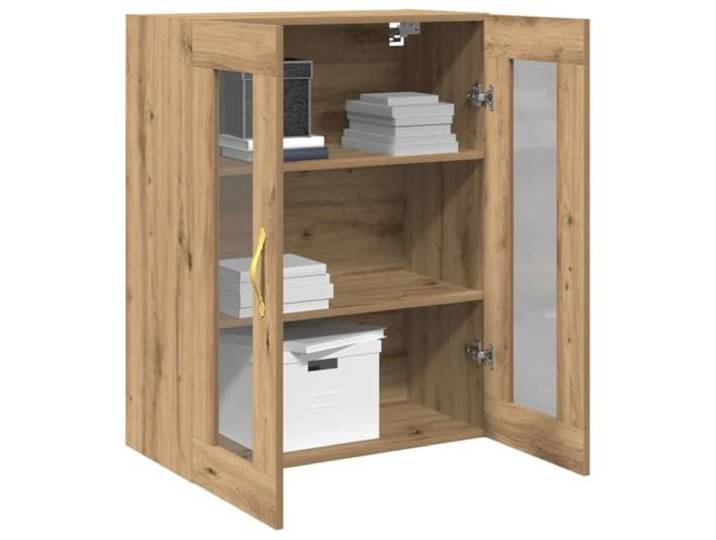 KTHLBRH Wandschrank Eiche Handwerk 69,5 x 34 x 90 cm Mehrschichtiges Holz, 3 Einlegeböden, 2 Glastüren, goldene Griffe, Wandmontage
