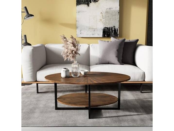 PADMA HOUSE Massivholz Ovaler Couchtisch mit Kreuzmetallbeinen, 110cm moderner Industral Center Tisch mit offenem Regal Cocktail Tee Tisch für Wohnzimmer Schlafzimmer (Rustikal Braun)
